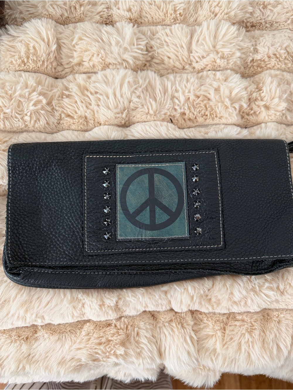Black Leather Peace Sign Clutch